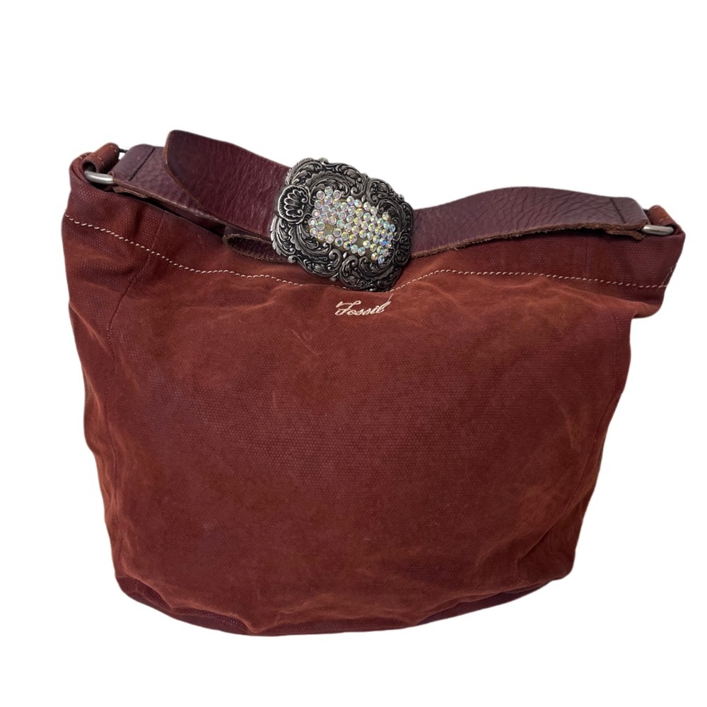 Fossil Rhinestone Buckle Leather Strap Brown Boho Canvas Hobo Bag